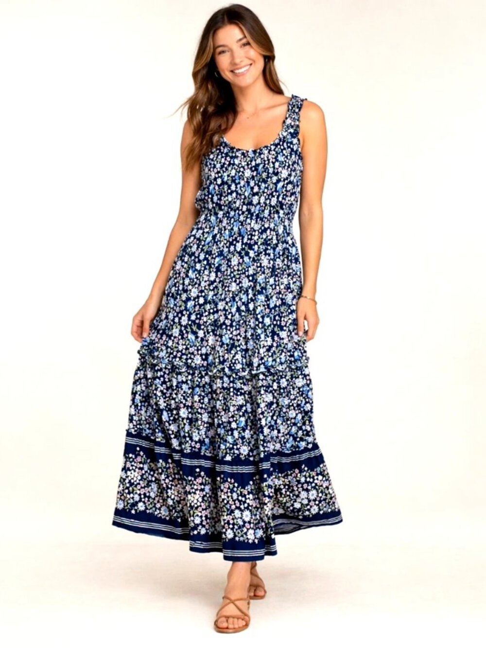 NWT Lucky Brand Blue Floral Tiered Maxi Dress S Boho Cottagecore Summer Flowy